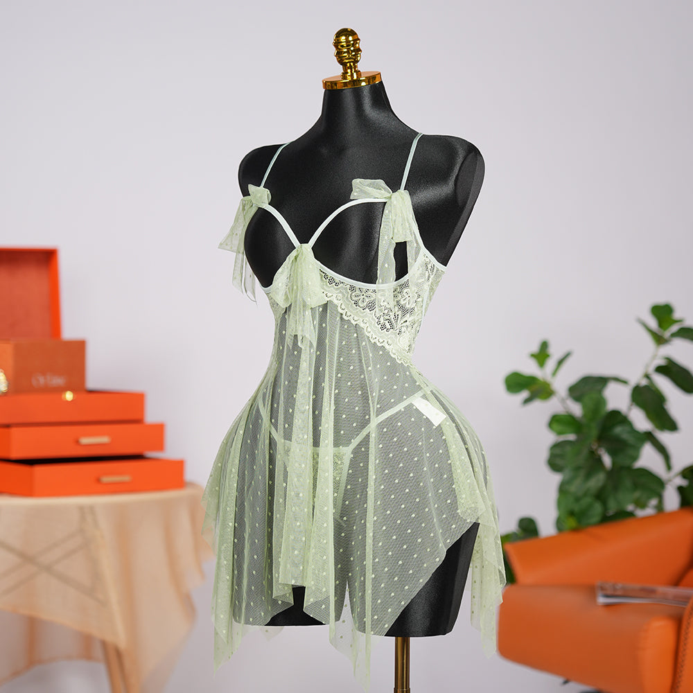 Light Green Lace See-through Lingerie Dress Panty Set