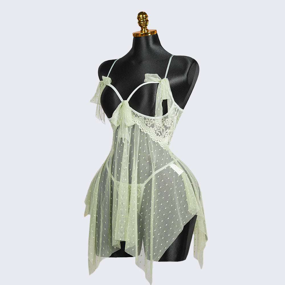 Light Green Lace See-through Lingerie Dress Panty Set