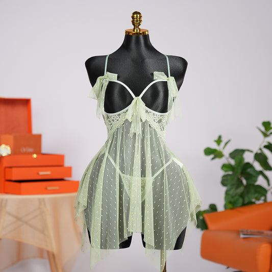 Light Green Lace See-through Lingerie Dress Panty Set
