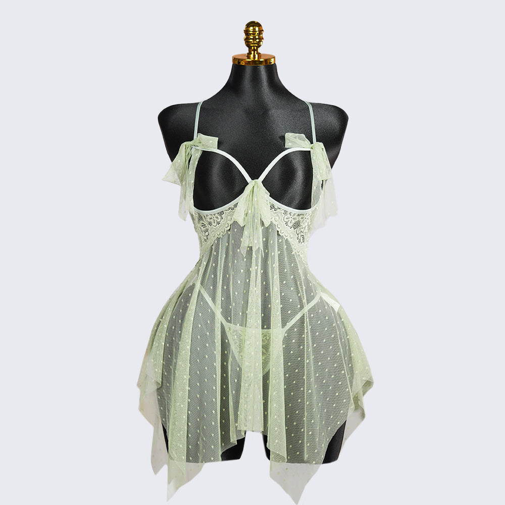 Light Green Lace See-through Lingerie Dress Panty Set
