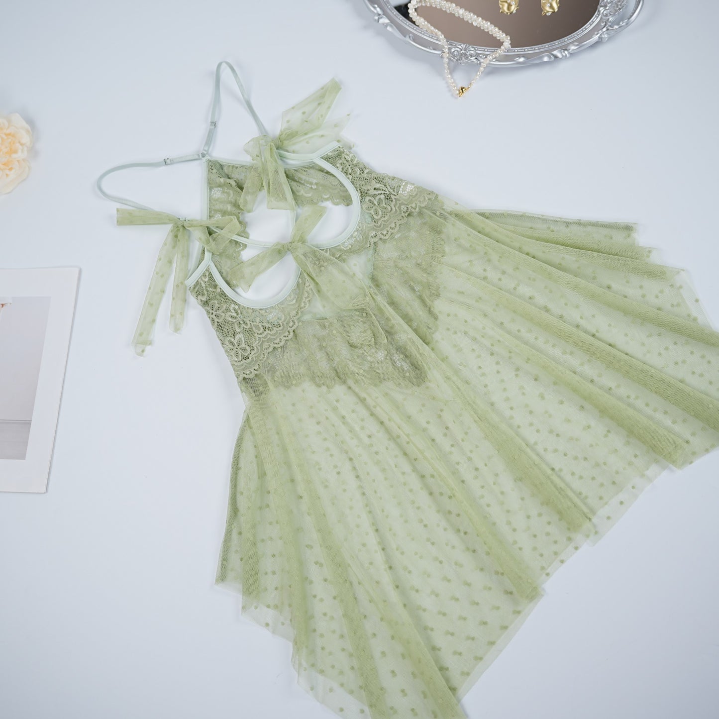 Light Green Lace See-through Lingerie Dress Panty Set
