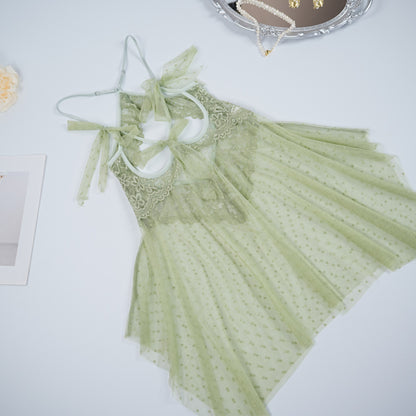 Light Green Lace See-through Lingerie Dress Panty Set