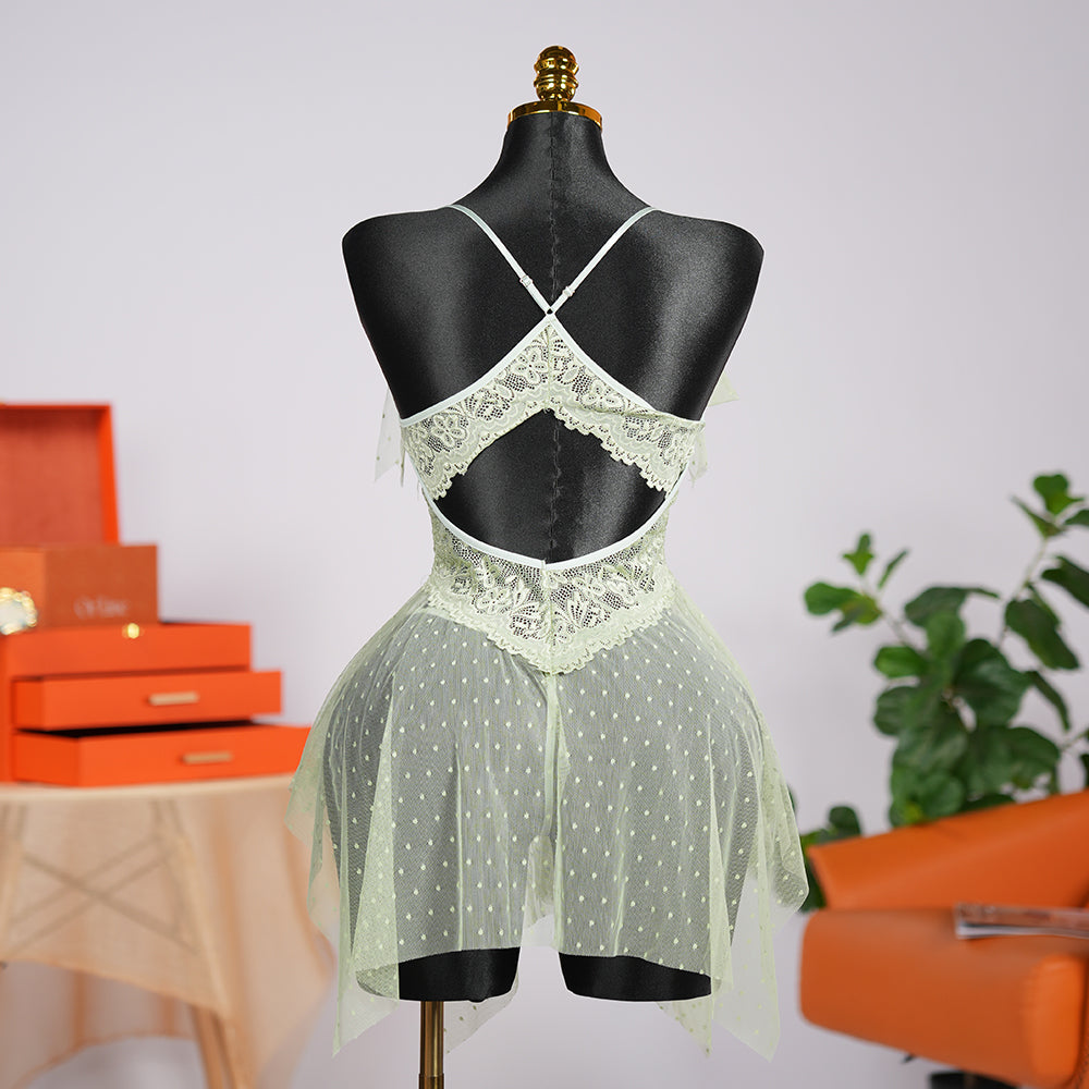Light Green Lace See-through Lingerie Dress Panty Set