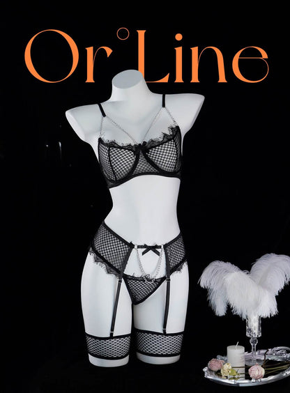 Mesh Fabric Metal Chains 3-Piece Lingerie Set