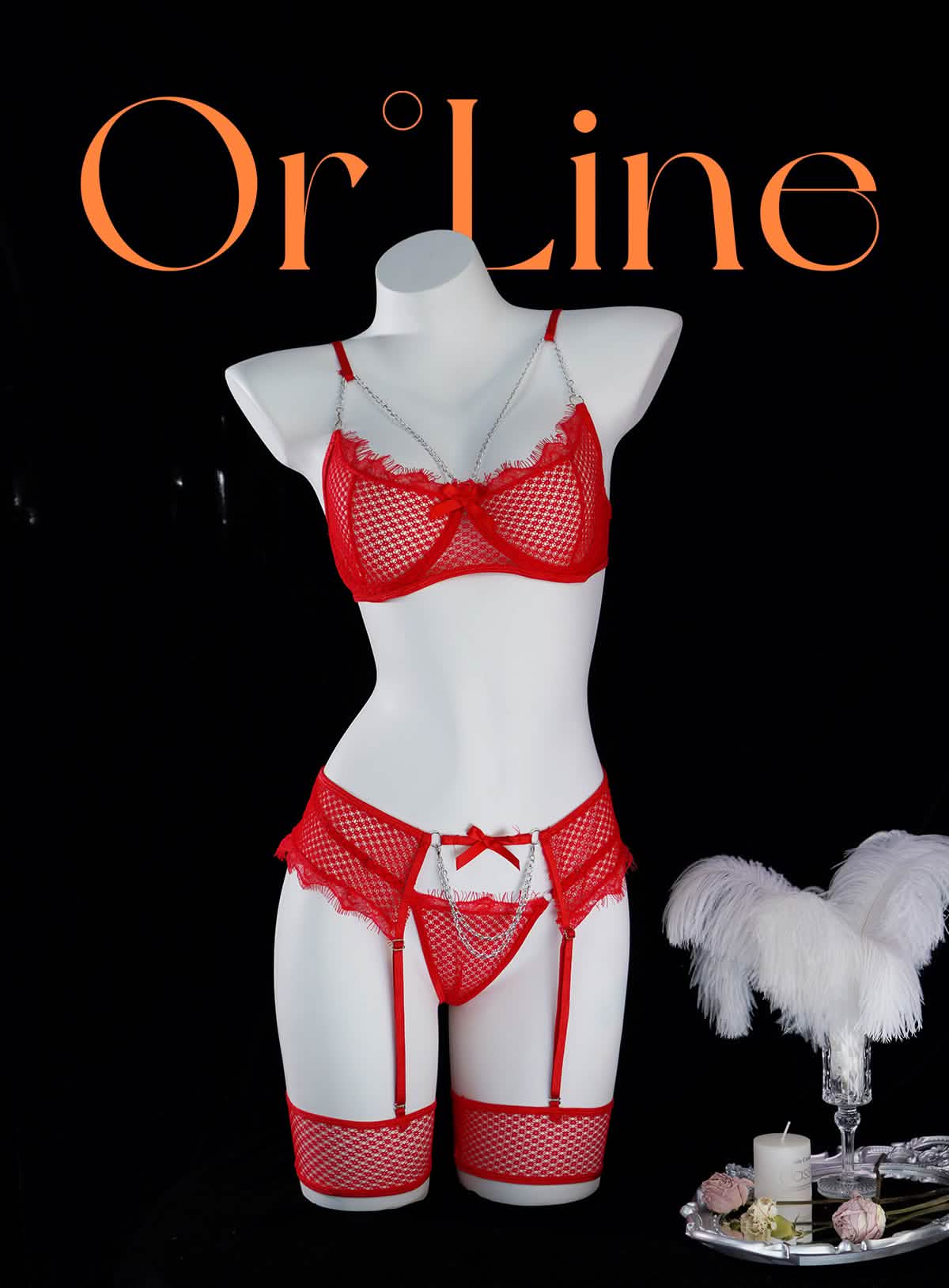 Mesh Fabric Metal Chains 3-Piece Lingerie Set