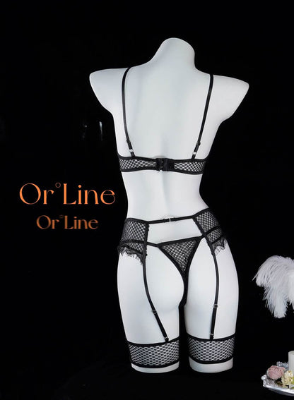 Mesh Fabric Metal Chains 3-Piece Lingerie Set