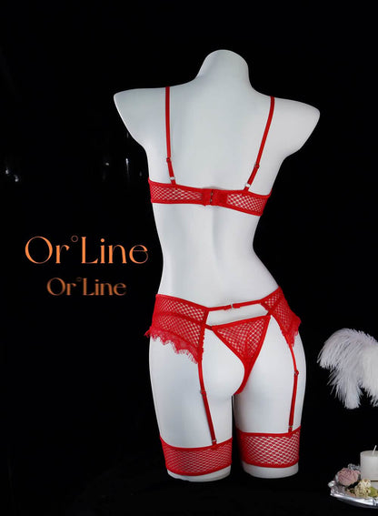 Mesh Fabric Metal Chains 3-Piece Lingerie Set