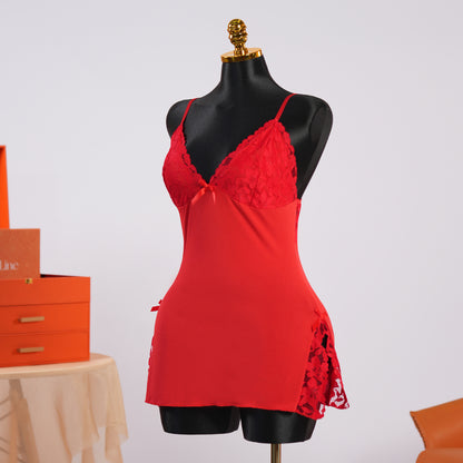 Red Mesh Sexy Spaghetti-strap Lace Dress
