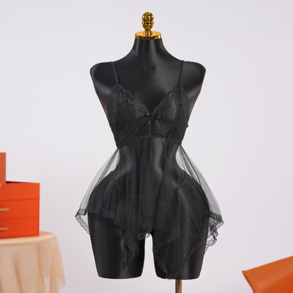 Full-body Lace See-through Top Thong Set