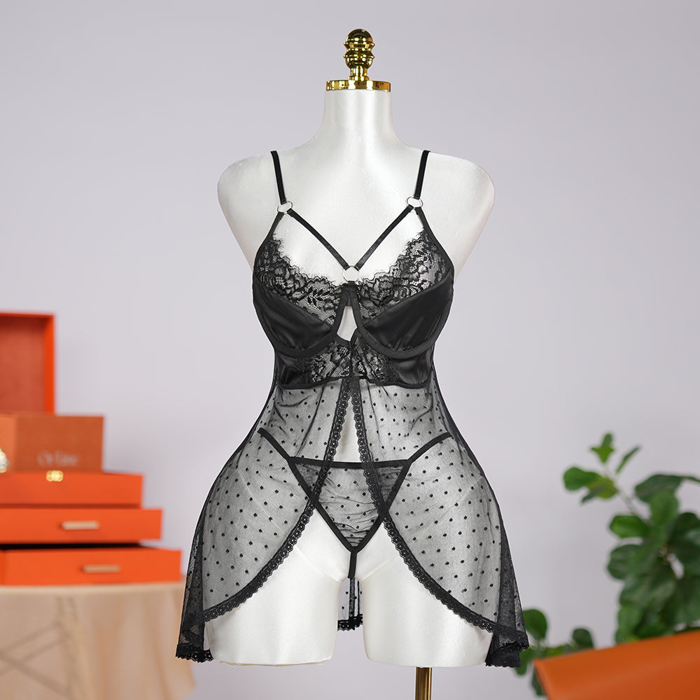 Black Polka Dot Mesh Gauze Top Panty Set