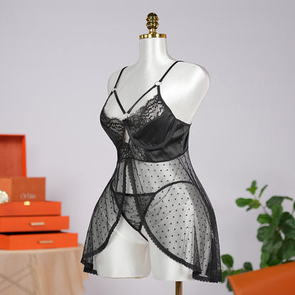 Black Polka Dot Mesh Gauze Top Panty Set