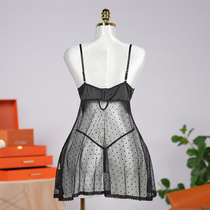 Black Polka Dot Mesh Gauze Top Panty Set