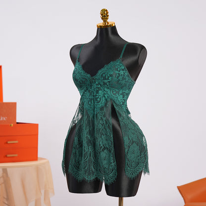 Green Lace See-through Top Thong Set