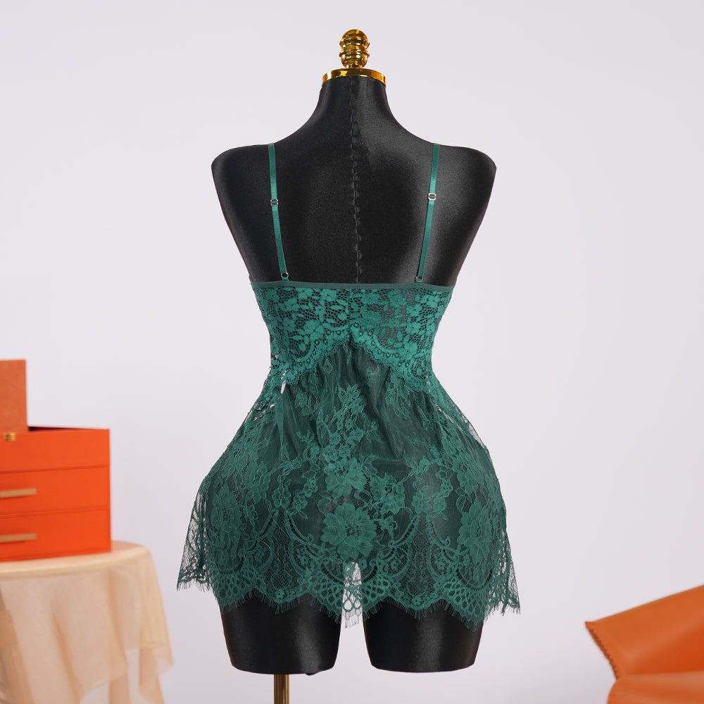 Green Lace See-through Top Thong Set