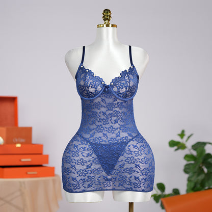 Blue Lace Floral Embroidery See-through Beaded Chemises