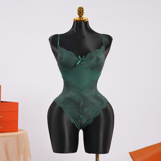 Green Floral Lace Mesh Bodysuit