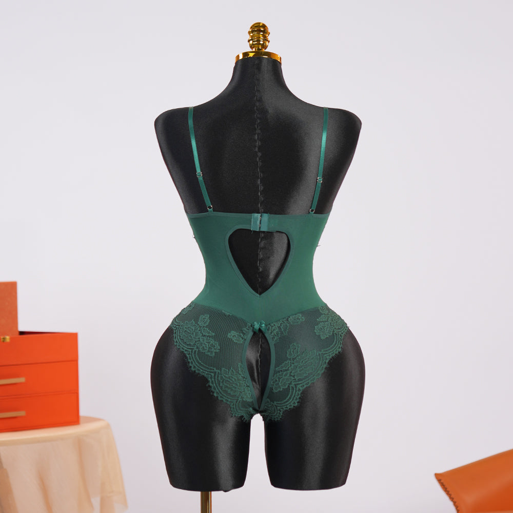 Green Floral Lace Mesh Bodysuit