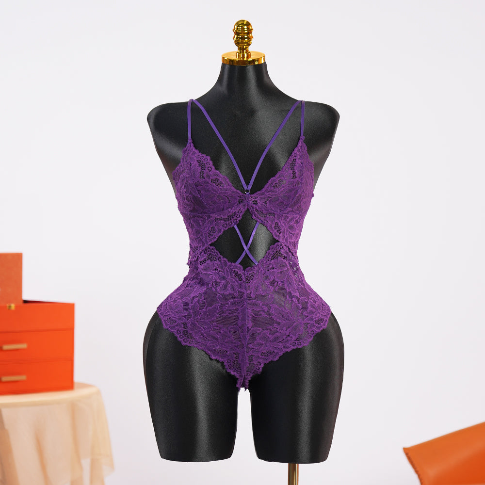 Purple Hollowed-out Lace Bodysuit