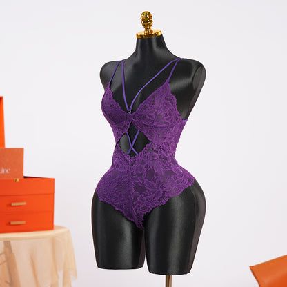 Purple Hollowed-out Lace Bodysuit