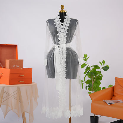 White Long-Sleeved See-through Lace Robe