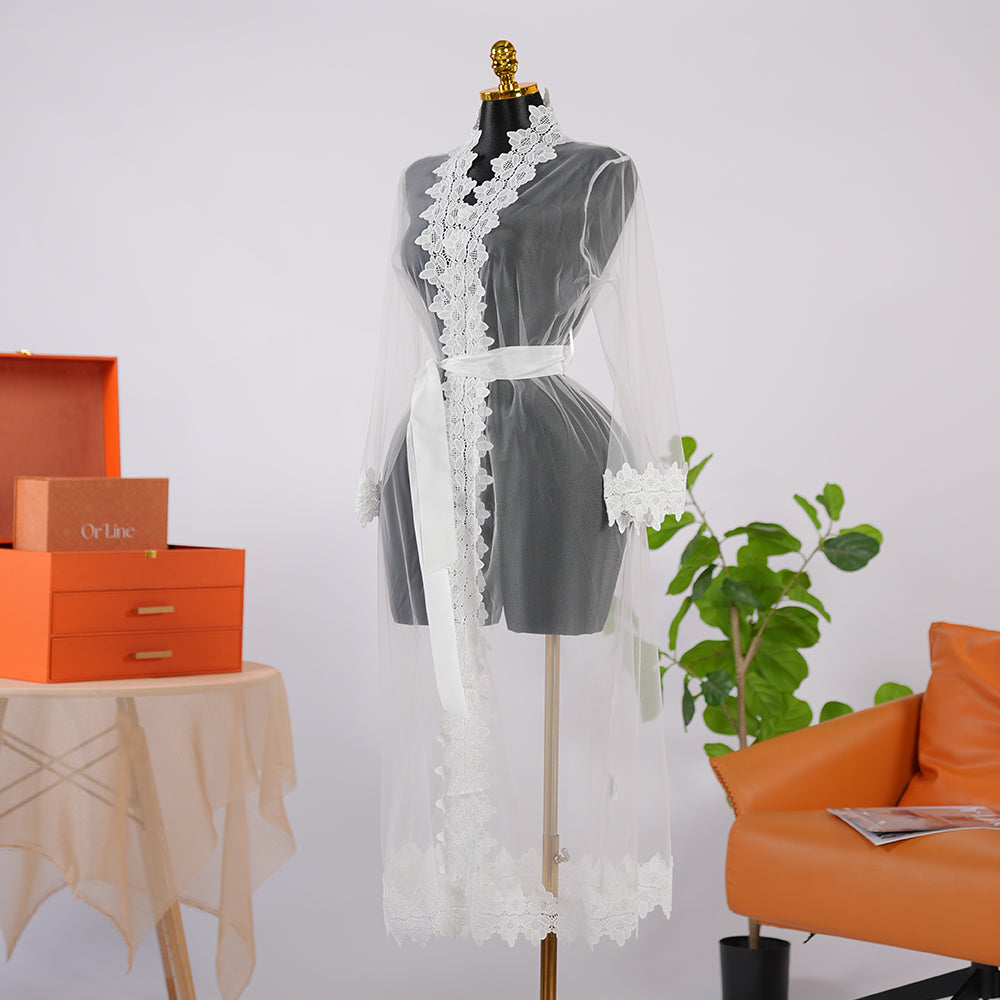 White Long-Sleeved See-through Lace Robe