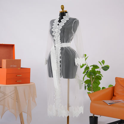 White Long-Sleeved See-through Lace Robe