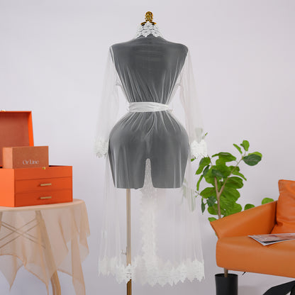 White Long-Sleeved See-through Lace Robe