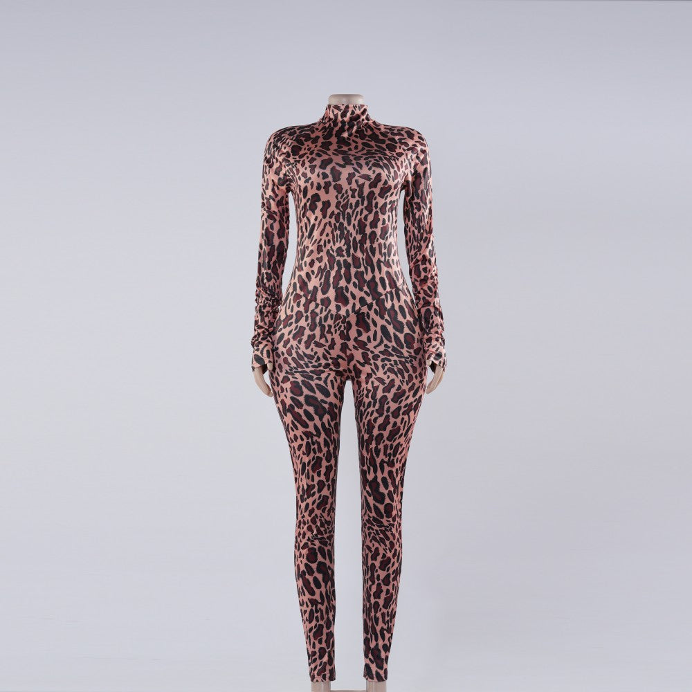 Satin Long Sleeve Leopard Bodycon Jumpsuit