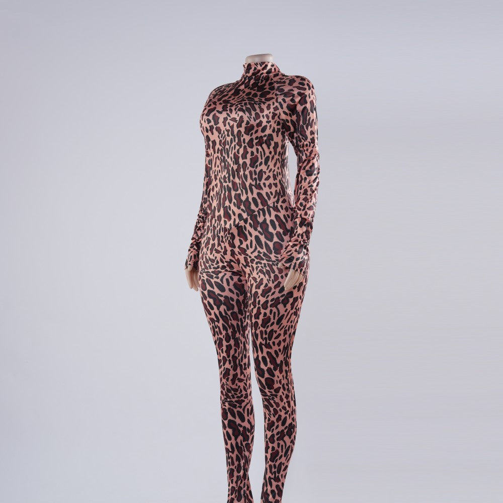 Satin Long Sleeve Leopard Bodycon Jumpsuit