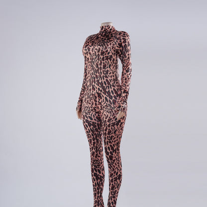 Satin Long Sleeve Leopard Bodycon Jumpsuit