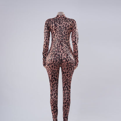 Satin Long Sleeve Leopard Bodycon Jumpsuit