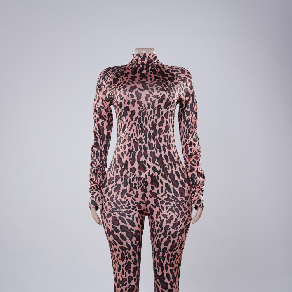 Satin Long Sleeve Leopard Bodycon Jumpsuit