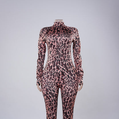 Satin Long Sleeve Leopard Bodycon Jumpsuit