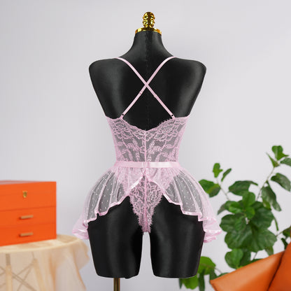 Sexy Pink Lace Embroidery Seduction Bodysuit Skirt Set