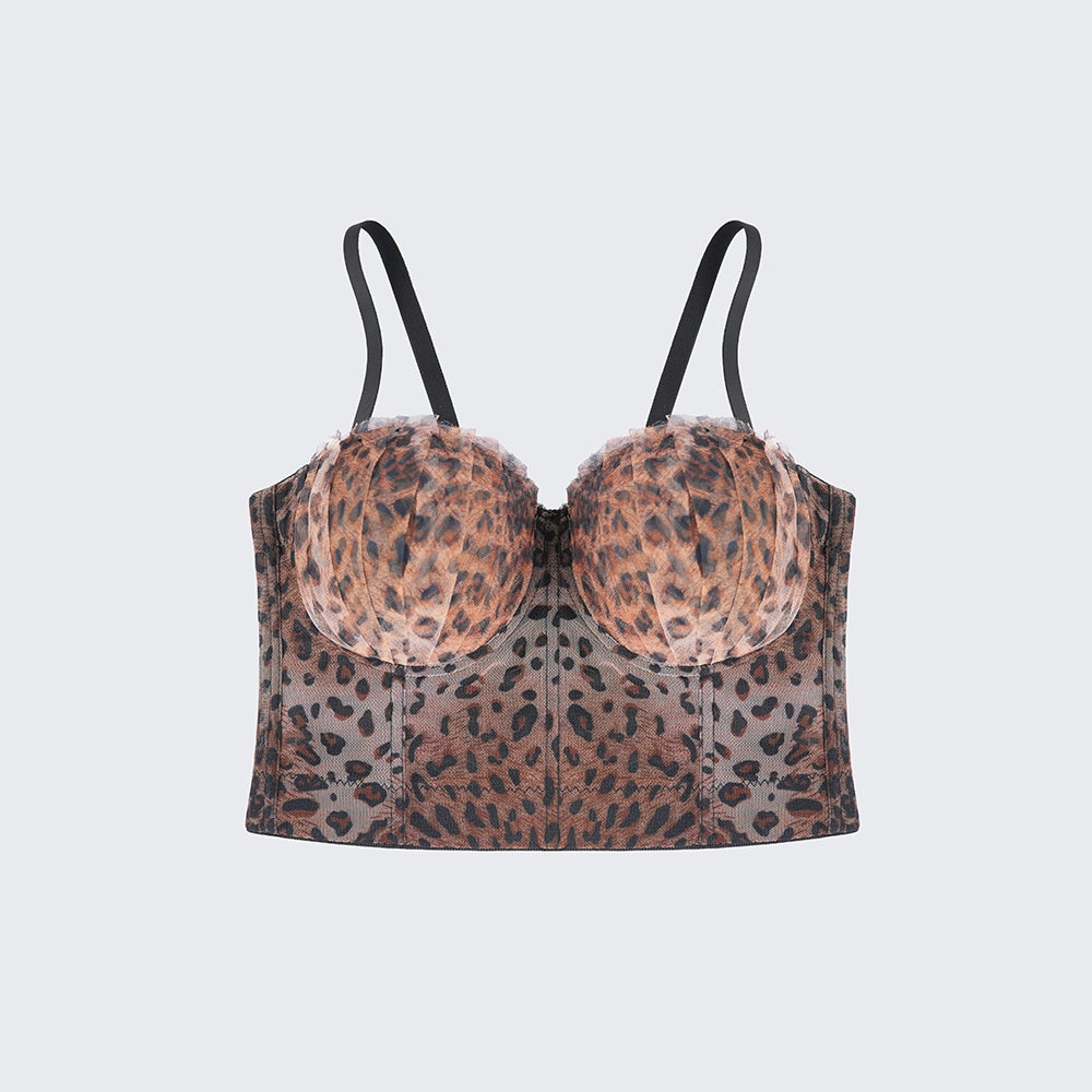 Pleated Leopard Print Backless Shaping Lace Corset Top