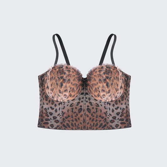 Pleated Leopard Print Backless Shaping Lace Corset Top