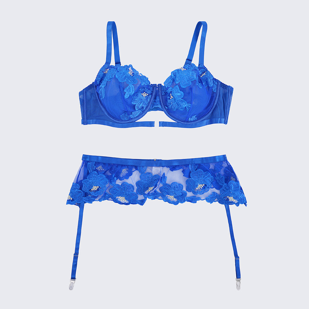 Plus Size Embroidered Sheer Bra Sexy Push Up Lingerie Set