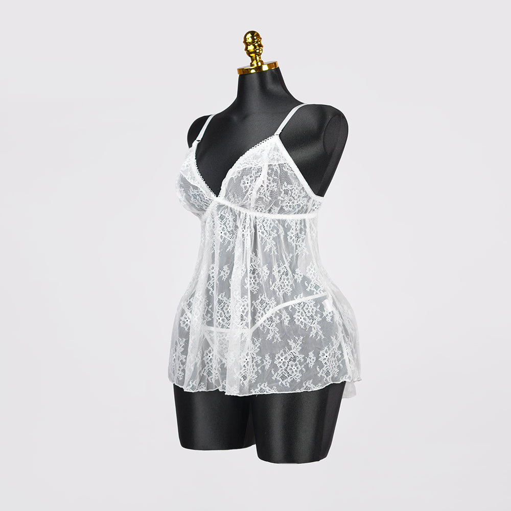 Plus Size White Floral Sheer Mesh Chemise