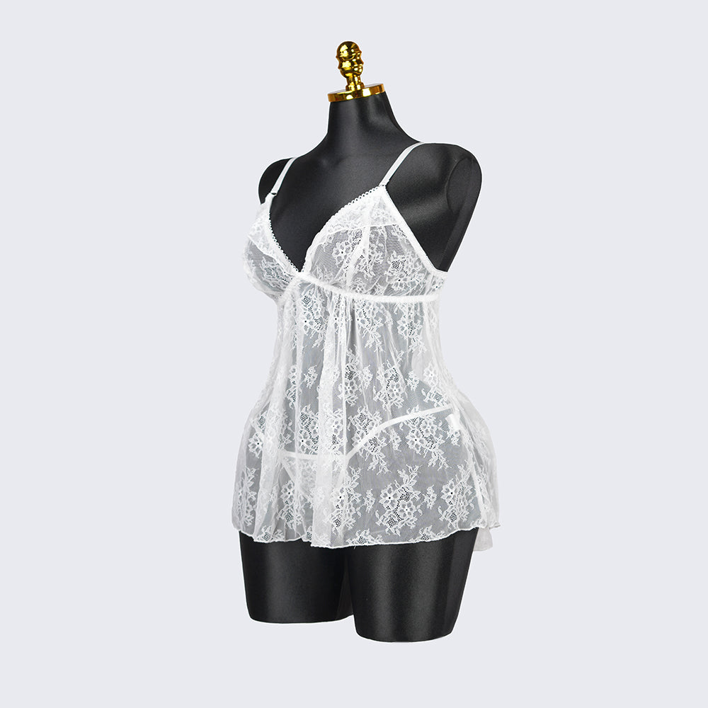 Plus Size White Floral Sheer Mesh Chemise