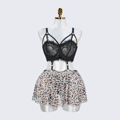 Plus Size Lace Push Up Bra Leopard Skirt Set
