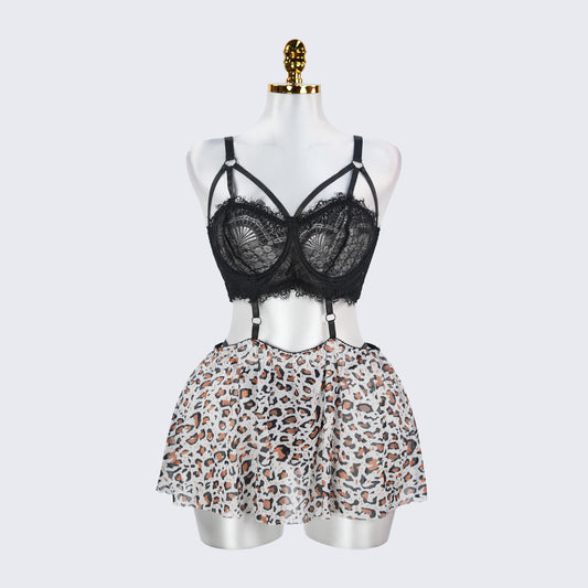 Plus Size Lace Push Up Bra Leopard Skirt Set
