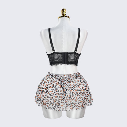 Plus Size Lace Push Up Bra Leopard Skirt Set