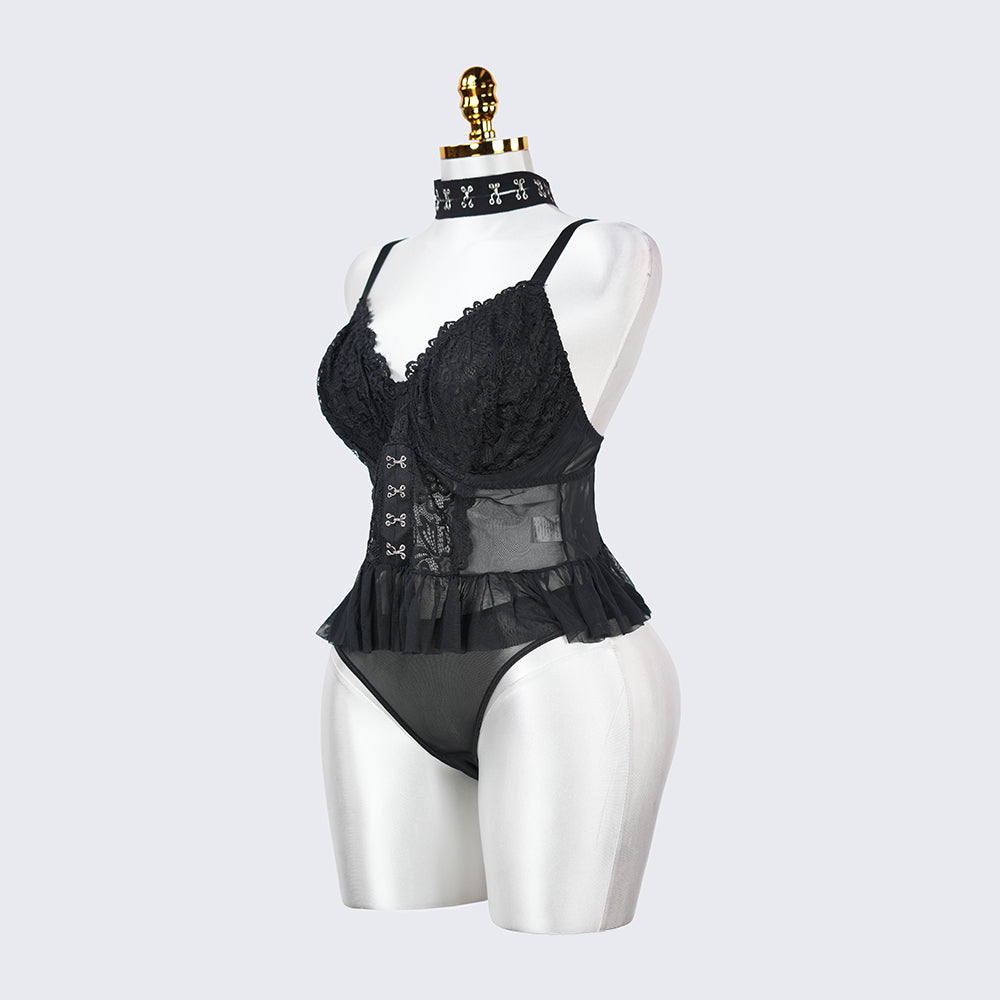 Plus Size Lace Sheer Ruffle Tummy Control Lingerie Set