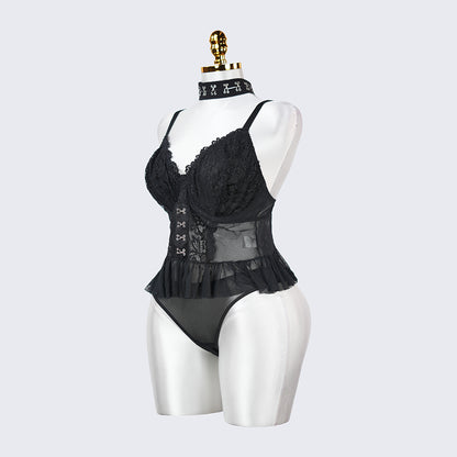 Plus Size Lace Sheer Ruffle Tummy Control Lingerie Set