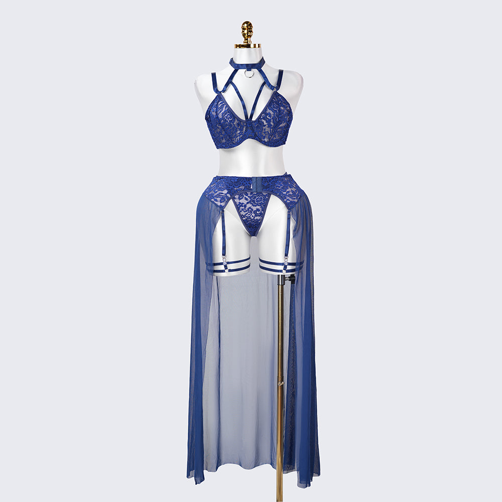 Plus Size Navy Blue Lace Tie Up Lingerie Bra Dress Set