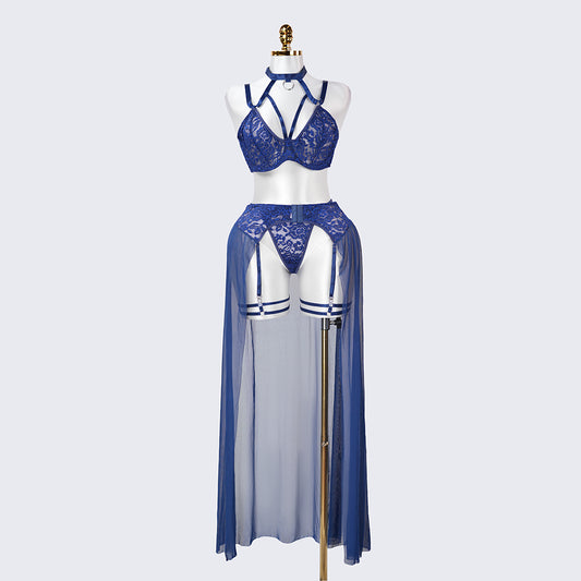 Plus Size Navy Blue Lace Tie Up Lingerie Bra Dress Set