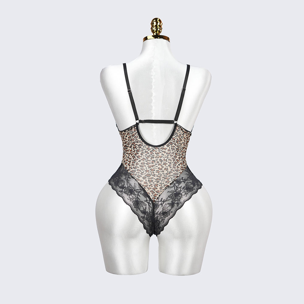 Plus Size Sheer Leopard Print Bodysuit