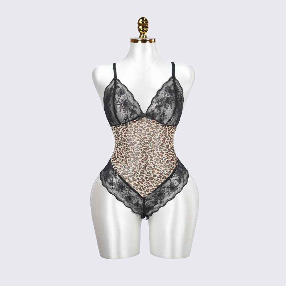 Plus Size Sheer Leopard Print Bodysuit