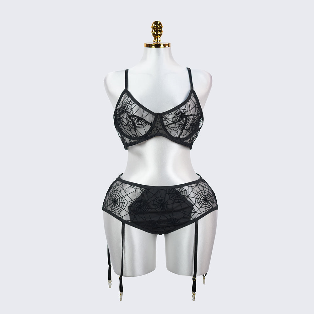 Plus Size Spider Web Sheer Push Up Full Bust Bra Panty Set