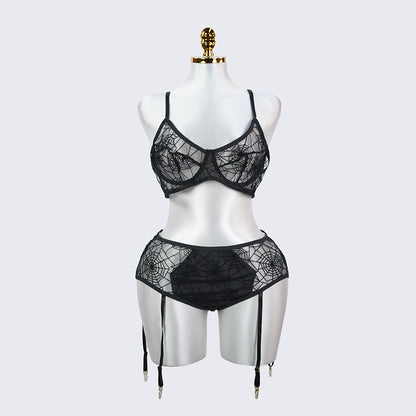 Plus Size Spider Web Sheer Push Up Full Bust Bra Panty Set